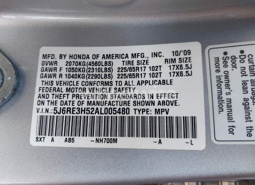 Photo 9 of 2010 Honda Cr-v EX (VIN 5J6RE3H52AL005480)