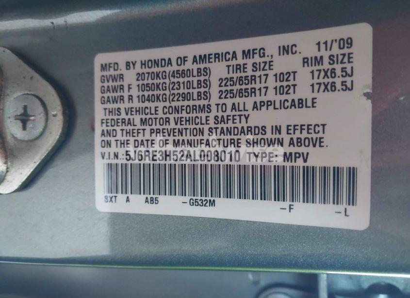 Photo 9 of 2010 Honda Cr-v EX (VIN 5J6RE3H52AL008010)