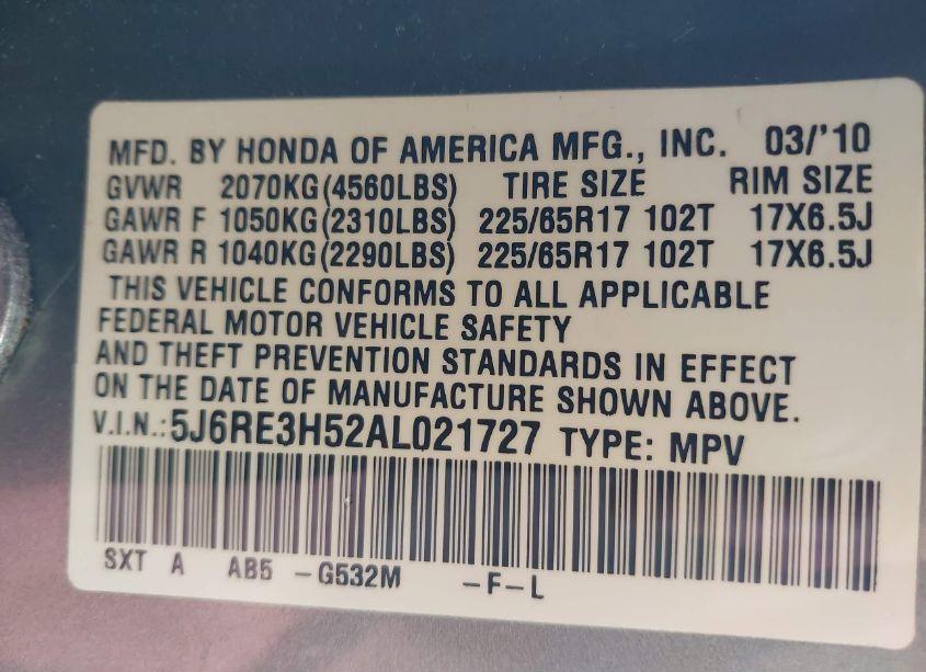 Photo 9 of 2010 Honda Cr-v EX (VIN 5J6RE3H52AL021727)