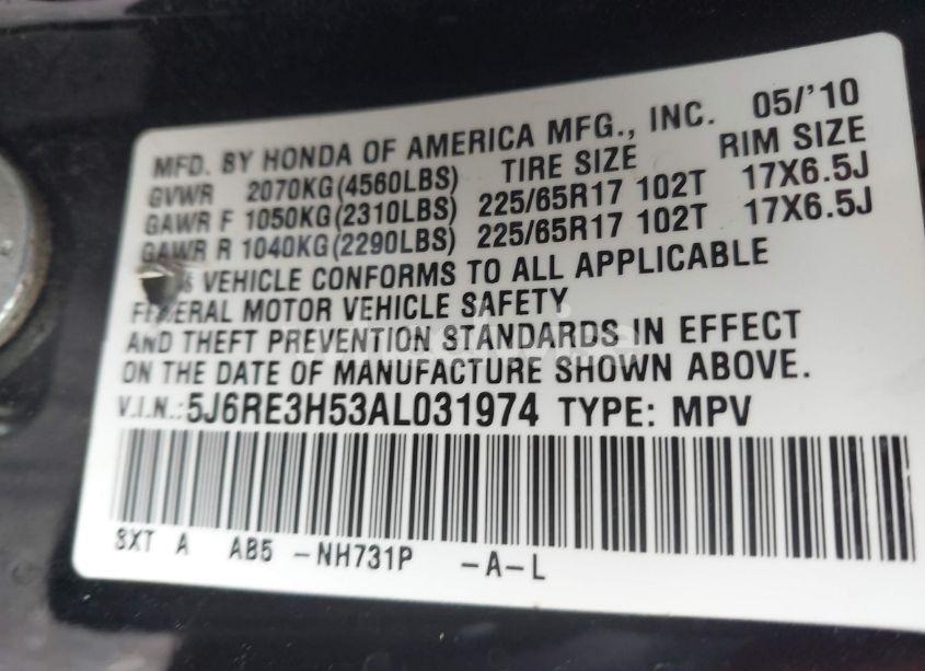 Photo 9 of 2010 Honda Cr-v EX (VIN 5J6RE3H53AL031974)