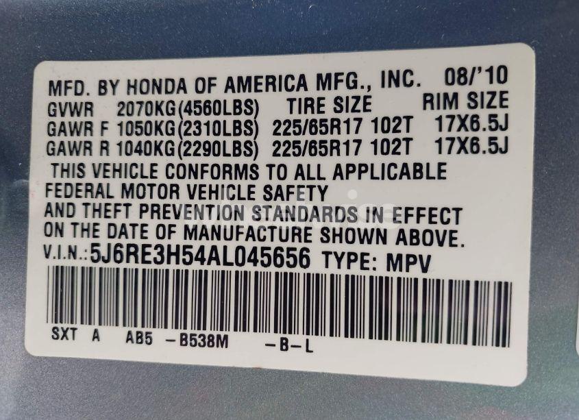 Photo 9 of 2010 Honda Cr-v EX (VIN 5J6RE3H54AL045656)