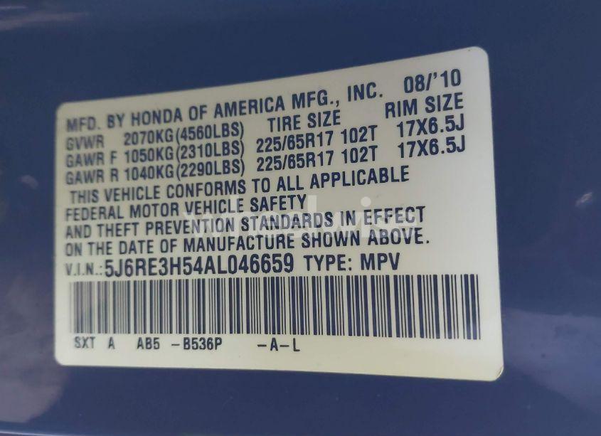 Photo 9 of 2010 Honda Cr-v EX (VIN 5J6RE3H54AL046659)