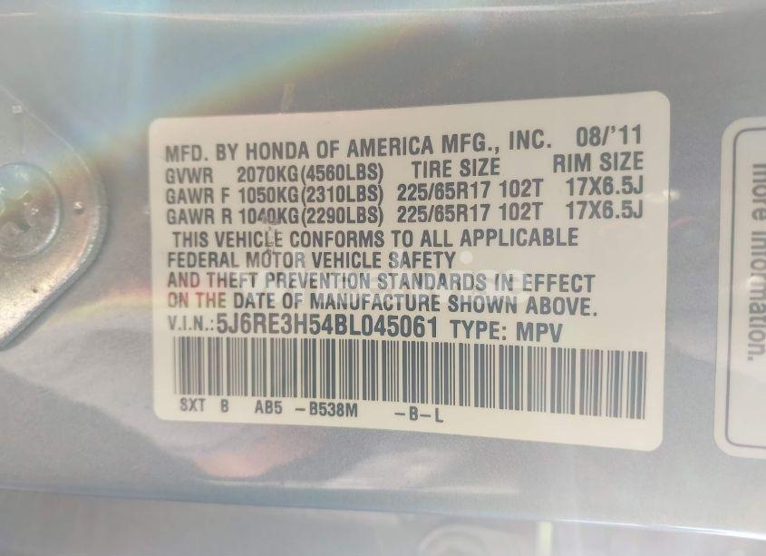 Photo 9 of 2011 Honda Cr-v EX (VIN 5J6RE3H54BL045061)