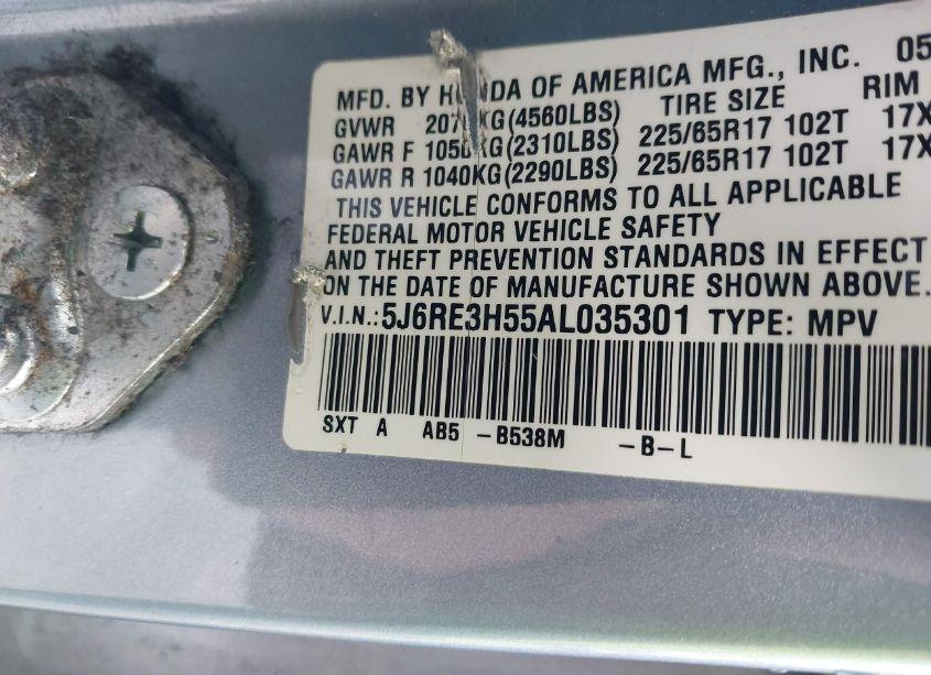 Photo 9 of 2010 Honda Cr-v EX (VIN 5J6RE3H55AL035301)