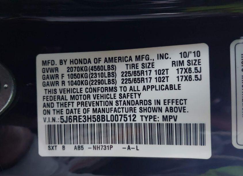 Photo 9 of 2011 Honda Cr-v EX (VIN 5J6RE3H58BL007512)