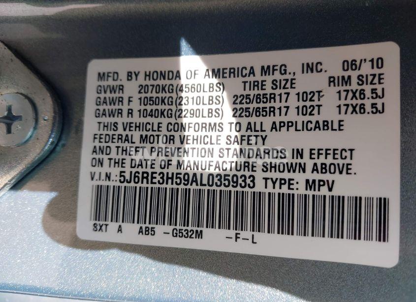 Photo 9 of 2010 Honda Cr-v EX (VIN 5J6RE3H59AL035933)