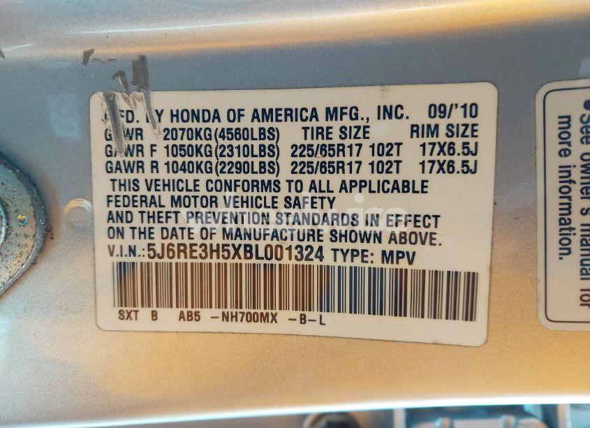 Photo 9 of 2011 Honda Cr-v EX (VIN 5J6RE3H5XBL001324)