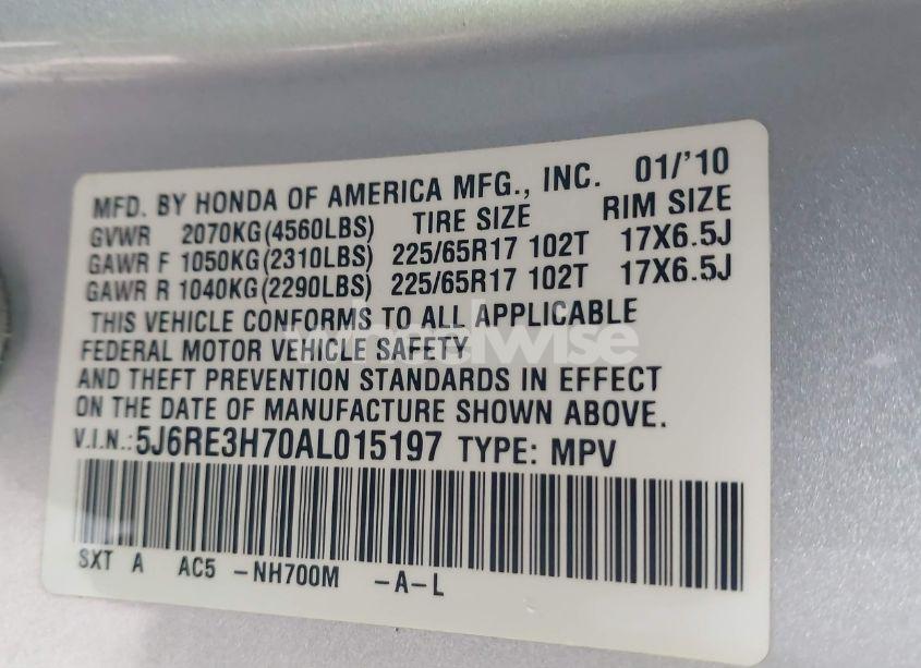 Photo 9 of 2010 Honda Cr-v EX-L (VIN 5J6RE3H70AL015197)