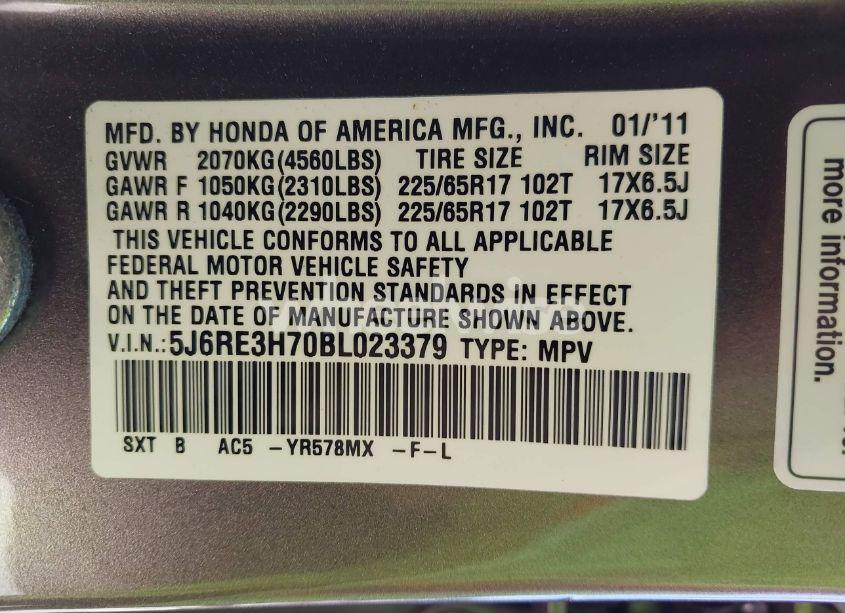 Photo 9 of 2011 Honda Cr-v EX-L (VIN 5J6RE3H70BL023379)