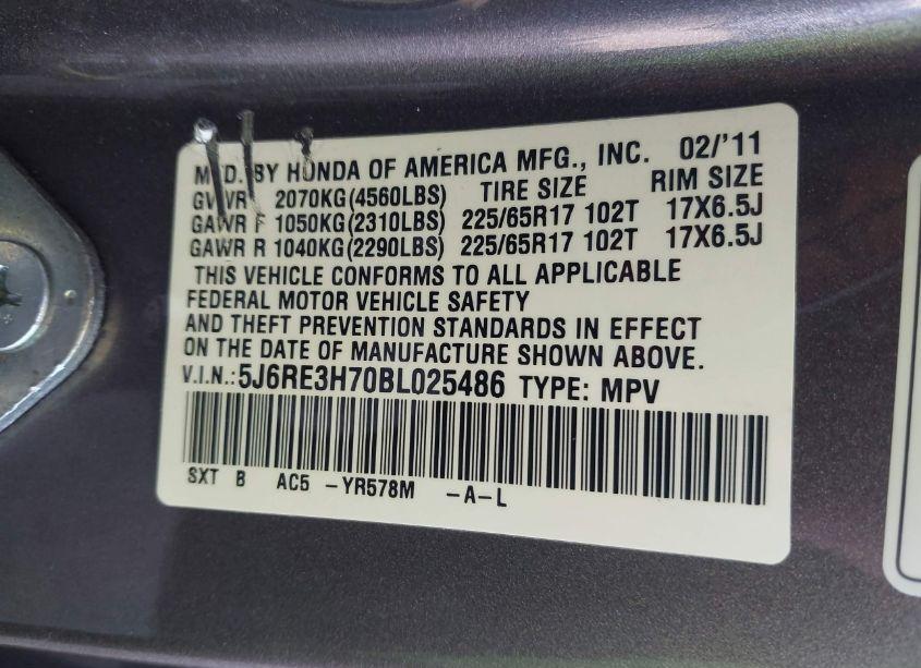 Photo 9 of 2011 Honda Cr-v EX-L (VIN 5J6RE3H70BL025486)