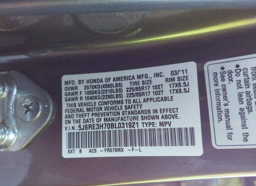 Photo 9 of 2011 Honda Cr-v EX-L (VIN 5J6RE3H70BL031921)