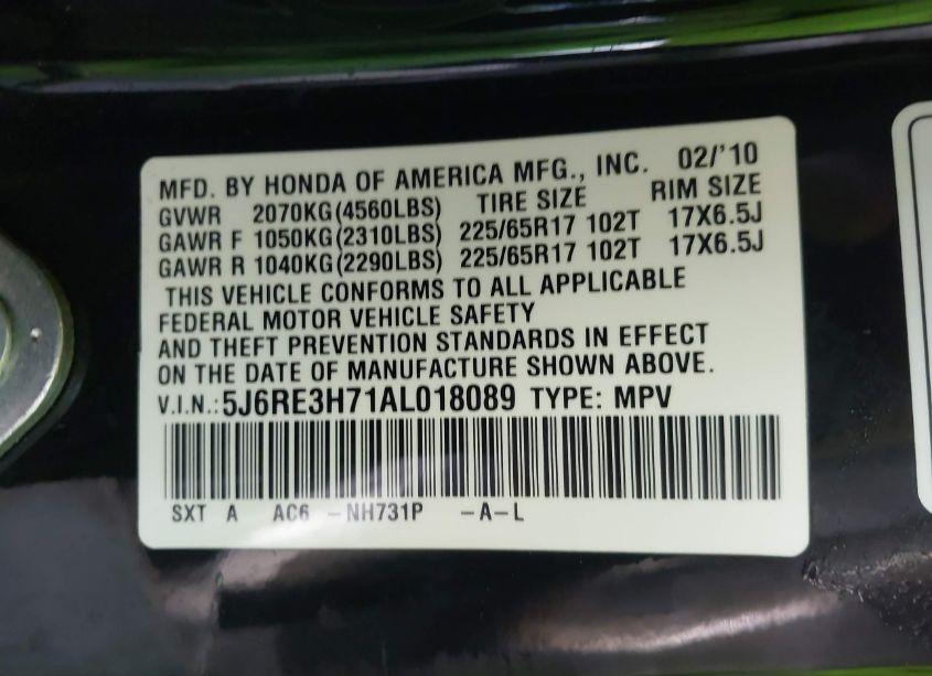 Photo 9 of 2010 Honda Cr-v EX-L (VIN 5J6RE3H71AL018089)