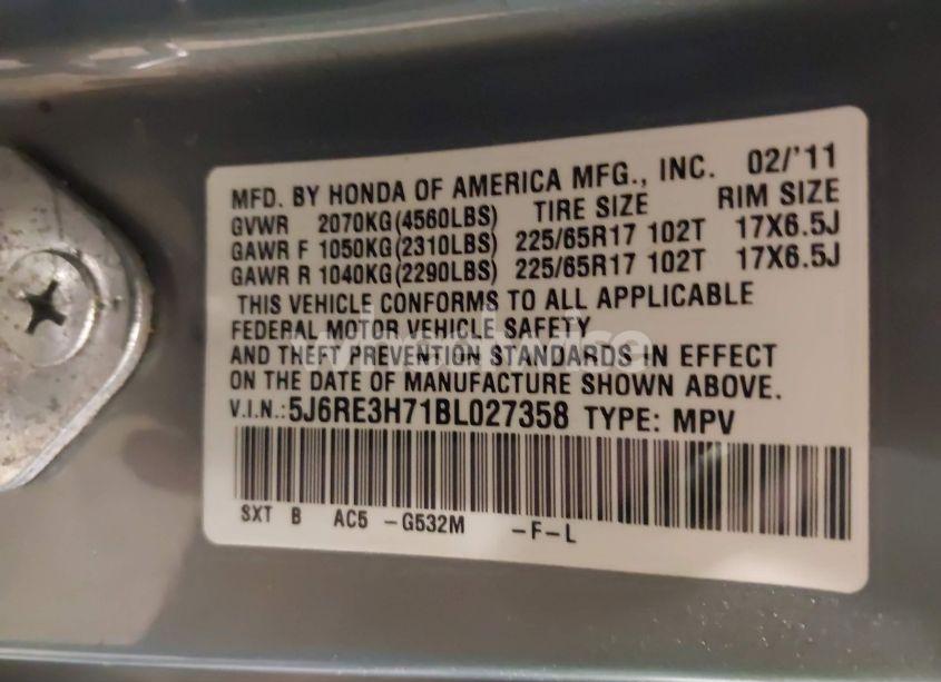 Photo 9 of 2011 Honda Cr-v EX-L (VIN 5J6RE3H71BL027358)