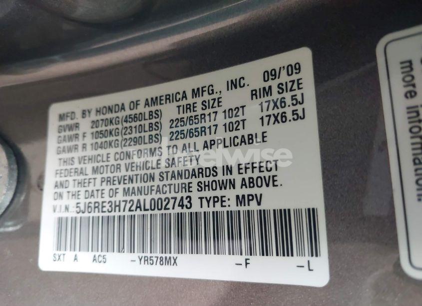 Photo 9 of 2010 Honda Cr-v EX-L (VIN 5J6RE3H72AL002743)