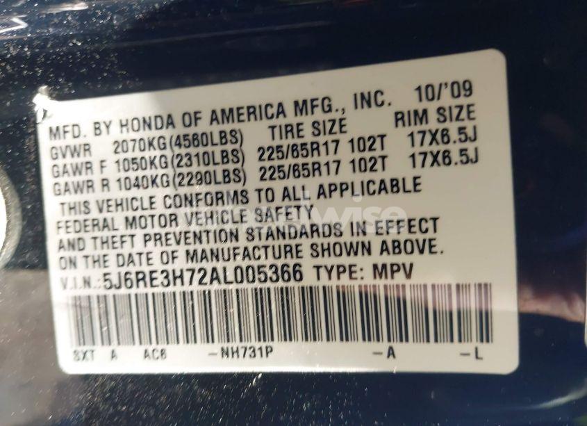 Photo 9 of 2010 Honda Cr-v EX-L (VIN 5J6RE3H72AL005366)