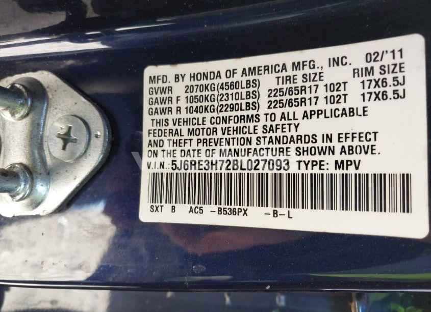 Photo 9 of 2011 Honda Cr-v EX-L (VIN 5J6RE3H72BL027093)