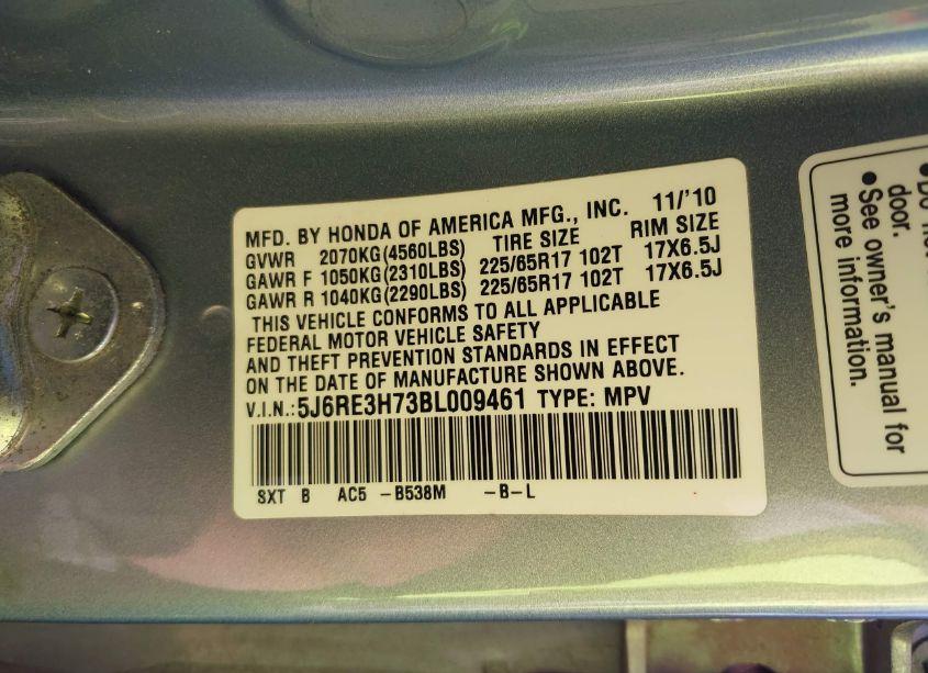 Photo 9 of 2011 Honda Cr-v EX-L (VIN 5J6RE3H73BL009461)