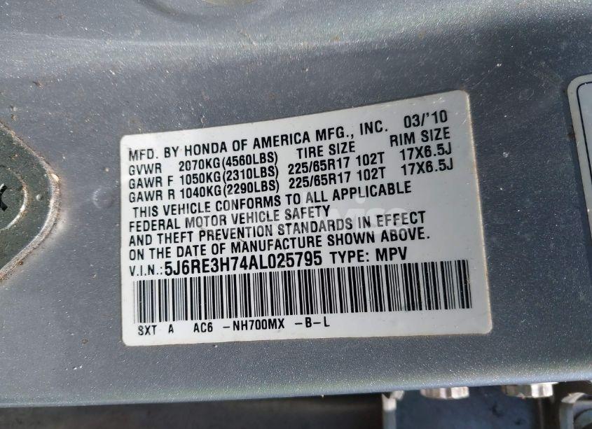 Photo 9 of 2010 Honda Cr-v EX-L (VIN 5J6RE3H74AL025795)