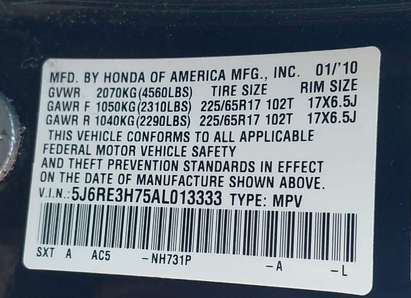 Photo 9 of 2010 Honda Cr-v EX-L (VIN 5J6RE3H75AL013333)