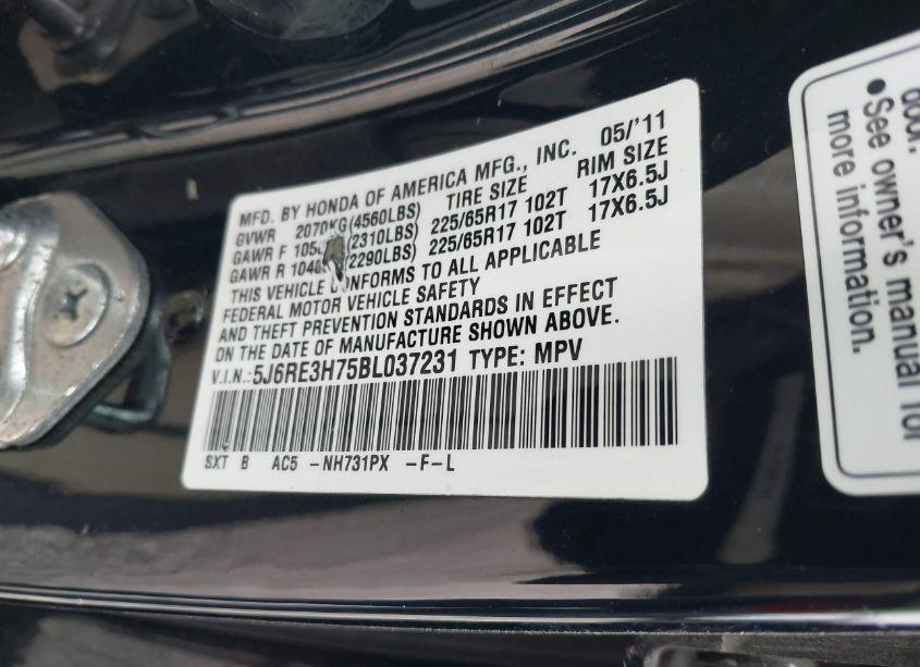 Photo 9 of 2011 Honda Cr-v EX-L (VIN 5J6RE3H75BL037231)