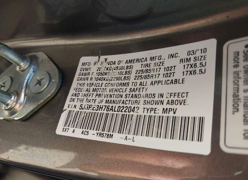 Photo 9 of 2010 Honda Cr-v EX-L (VIN 5J6RE3H76AL022042)