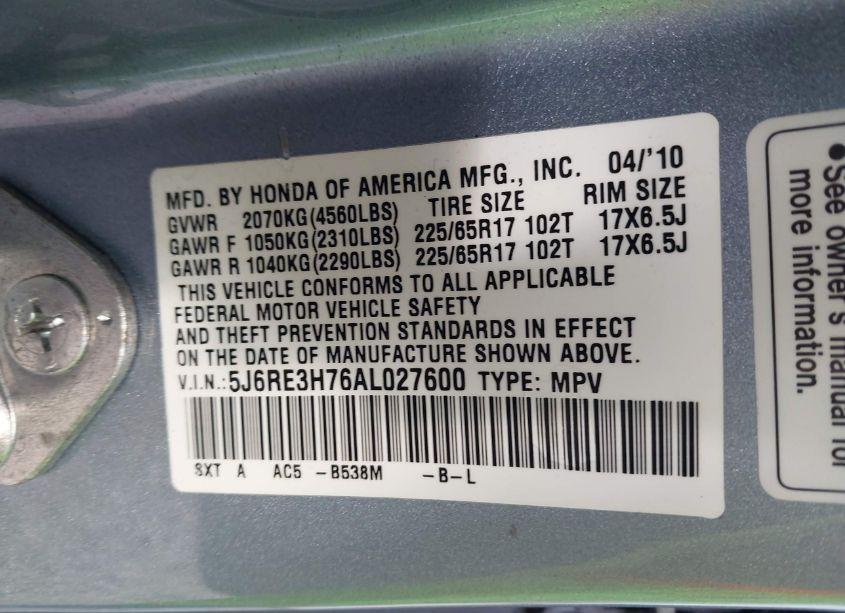 Photo 9 of 2010 Honda Cr-v EX-L (VIN 5J6RE3H76AL027600)