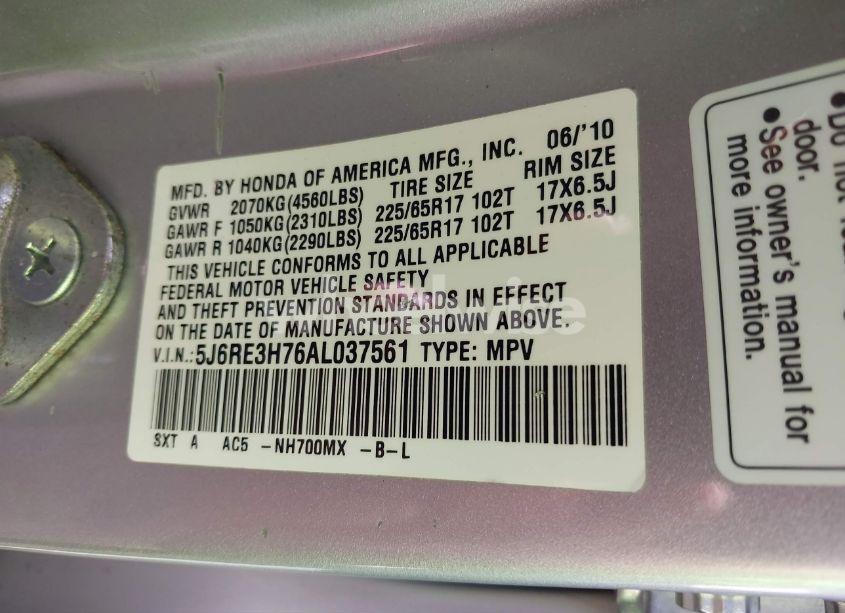 Photo 9 of 2010 Honda Cr-v EX-L (VIN 5J6RE3H76AL037561)