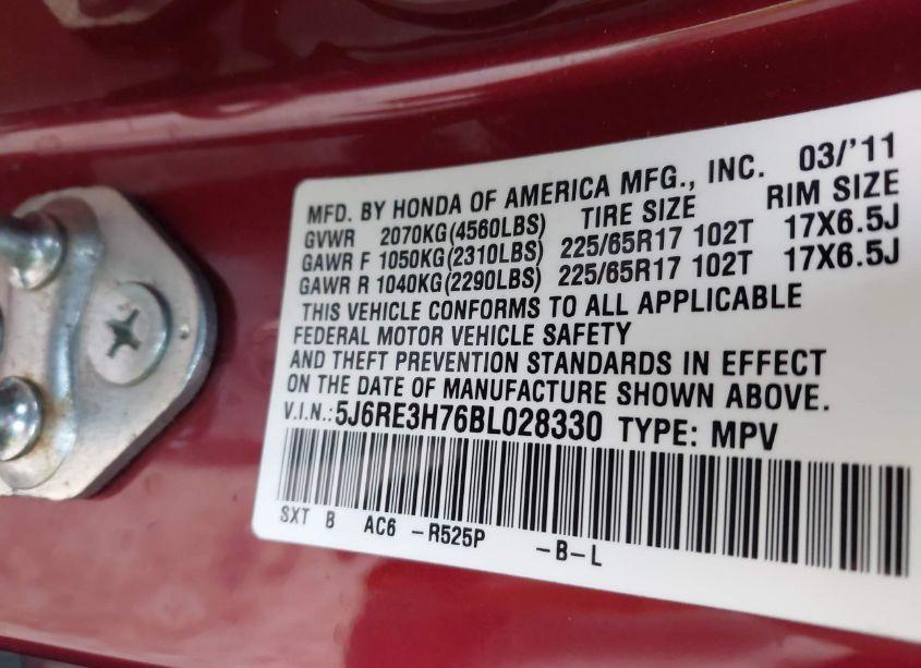 Photo 9 of 2011 Honda Cr-v EX-L (VIN 5J6RE3H76BL028330)