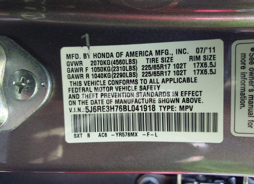 Photo 9 of 2011 Honda Cr-v EX-L (VIN 5J6RE3H76BL041918)