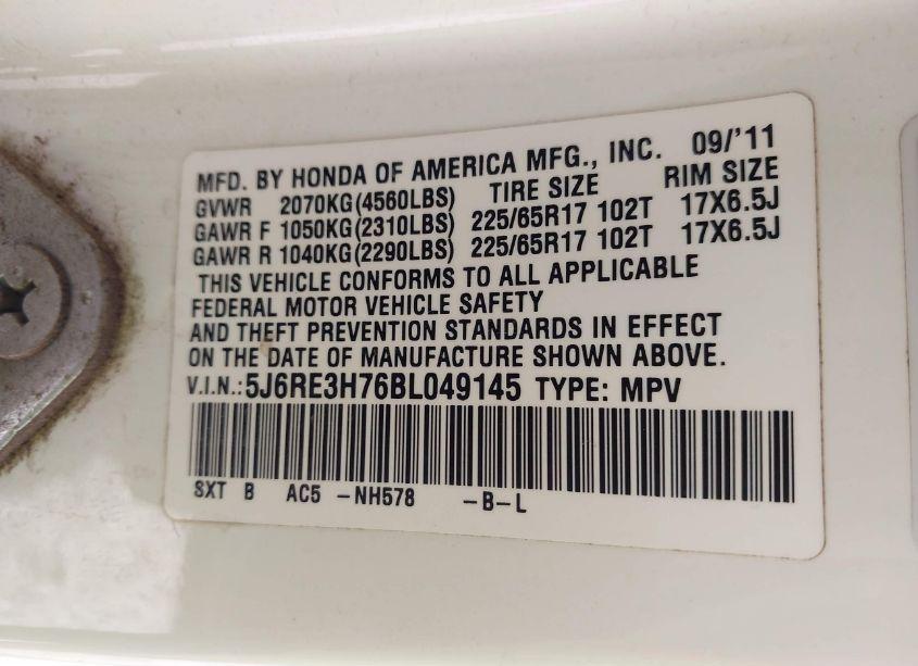 Photo 9 of 2011 Honda Cr-v EX-L (VIN 5J6RE3H76BL049145)