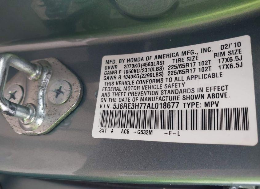 Photo 9 of 2010 Honda Cr-v EX-L (VIN 5J6RE3H77AL018677)