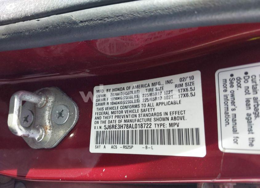 Photo 9 of 2010 Honda Cr-v EX-L (VIN 5J6RE3H78AL018722)