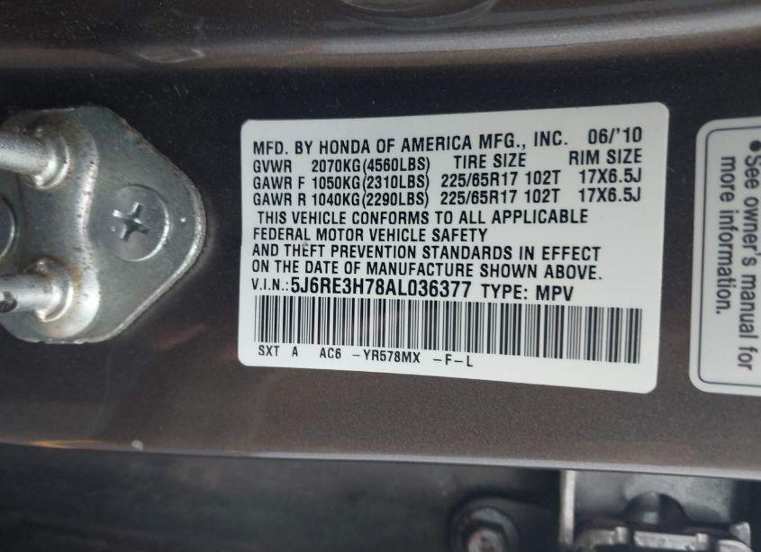 Photo 9 of 2010 Honda Cr-v EX-L (VIN 5J6RE3H78AL036377)