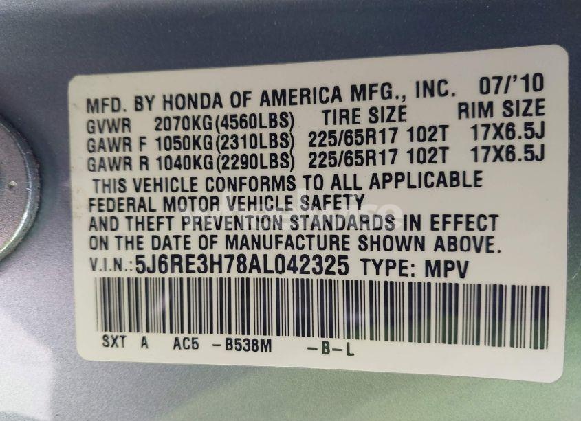 Photo 9 of 2010 Honda Cr-v EX-L (VIN 5J6RE3H78AL042325)