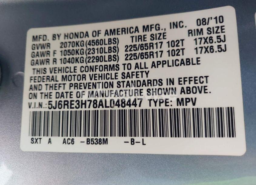 Photo 9 of 2010 Honda Cr-v EX-L (VIN 5J6RE3H78AL048447)