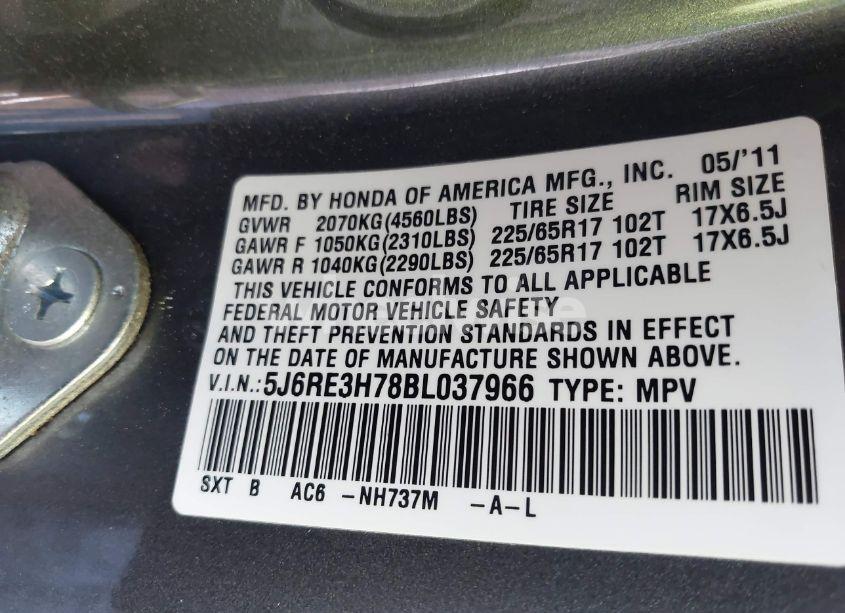 Photo 9 of 2011 Honda Cr-v EX-L (VIN 5J6RE3H78BL037966)