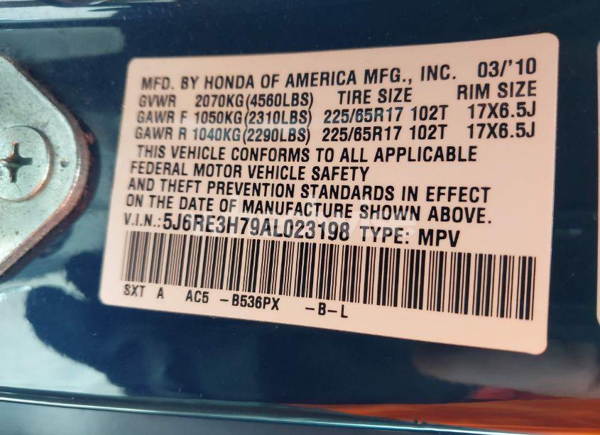 Photo 9 of 2010 Honda Cr-v EX-L (VIN 5J6RE3H79AL023198)