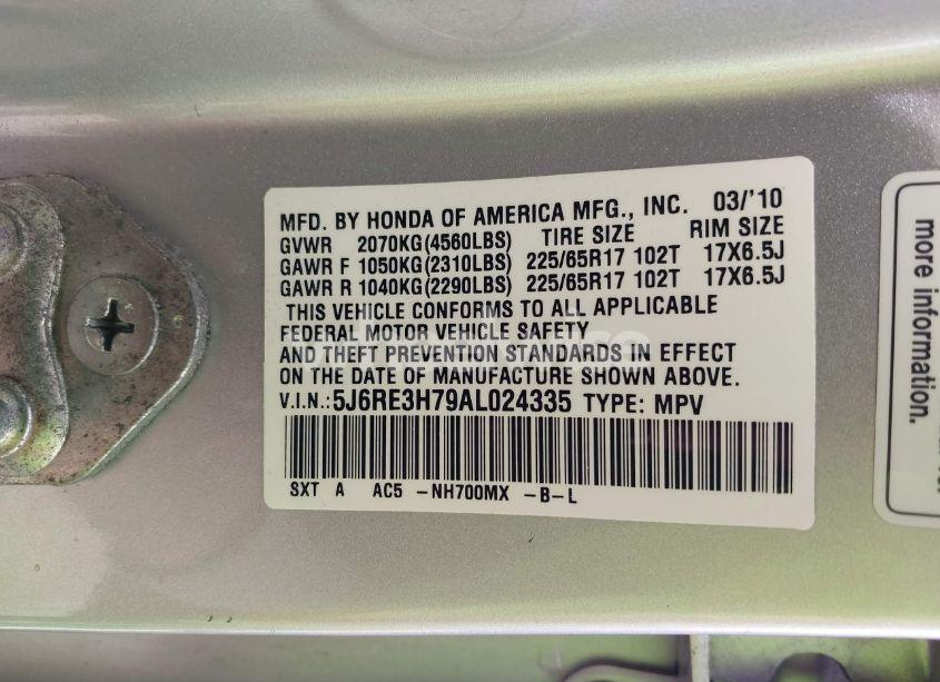 Photo 9 of 2010 Honda Cr-v EX-L (VIN 5J6RE3H79AL024335)