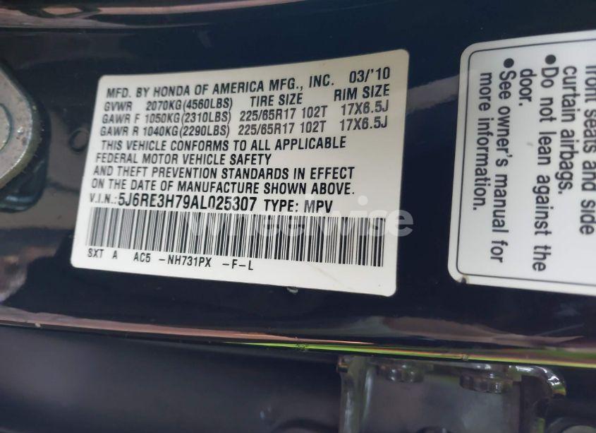 Photo 9 of 2010 Honda Cr-v EX-L (VIN 5J6RE3H79AL025307)