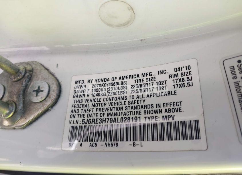 Photo 9 of 2010 Honda Cr-v EX-L (VIN 5J6RE3H79AL028191)