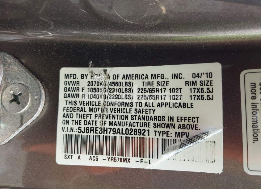 Photo 9 of 2010 Honda Cr-v EX-L (VIN 5J6RE3H79AL028921)