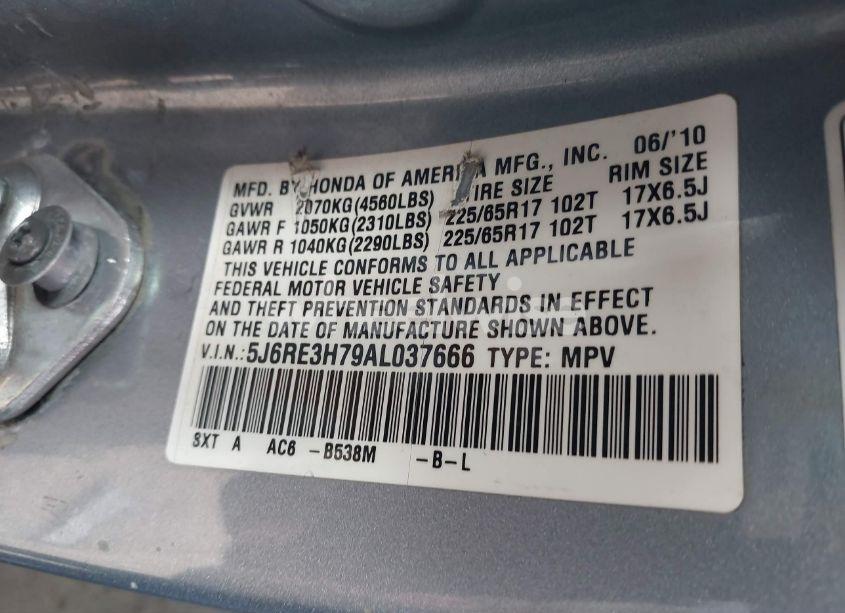 Photo 9 of 2010 Honda Cr-v EX-L (VIN 5J6RE3H79AL037666)