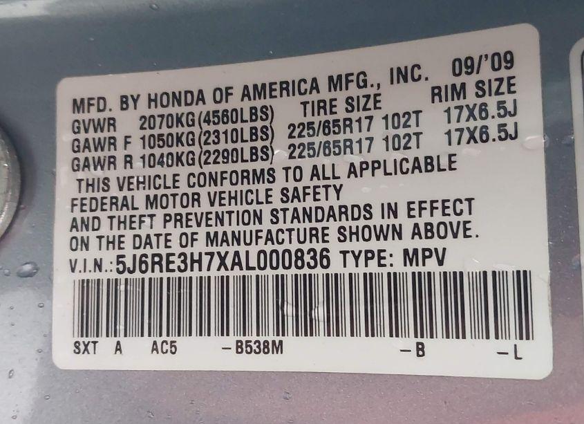Photo 9 of 2010 Honda Cr-v EX-L (VIN 5J6RE3H7XAL000836)