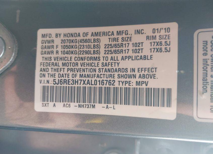 Photo 9 of 2010 Honda Cr-v EX-L (VIN 5J6RE3H7XAL016762)