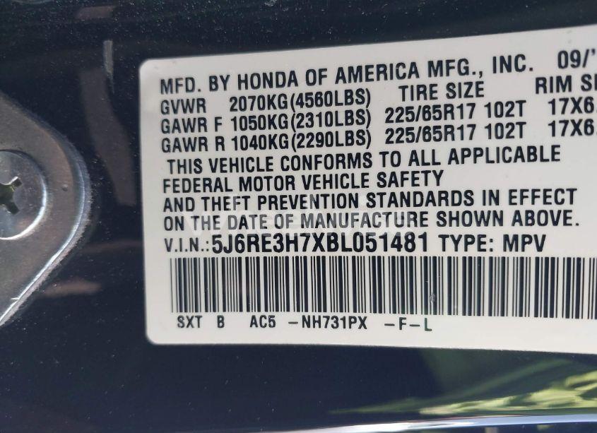 Photo 9 of 2011 Honda Cr-v EX-L (VIN 5J6RE3H7XBL051481)