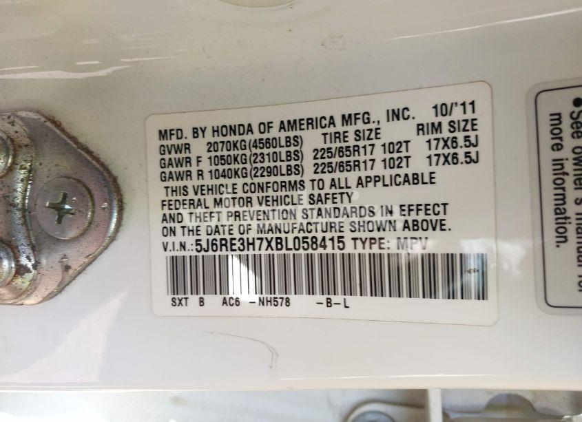 Photo 9 of 2011 Honda Cr-v EX-L (VIN 5J6RE3H7XBL058415)