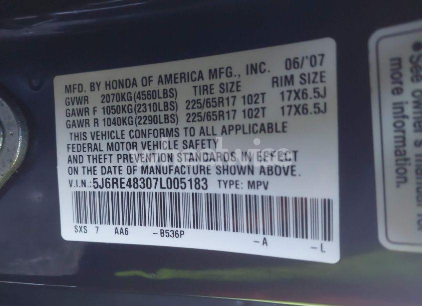 Photo 9 of 2007 Honda Cr-v LX (VIN 5J6RE48307L005183)