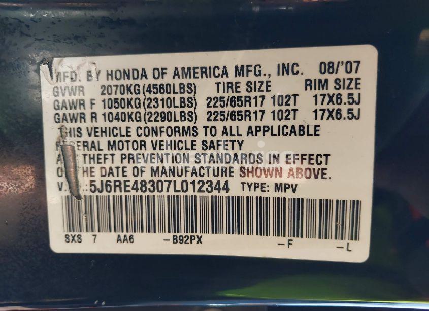 Photo 9 of 2007 Honda Cr-v LX (VIN 5J6RE48307L012344)