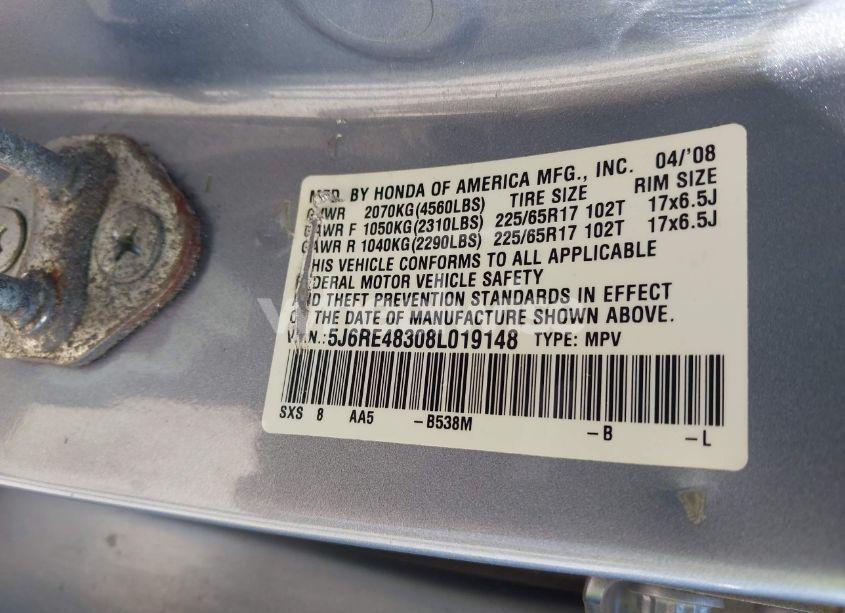 Photo 9 of 2008 Honda Cr-v LX (VIN 5J6RE48308L019148)