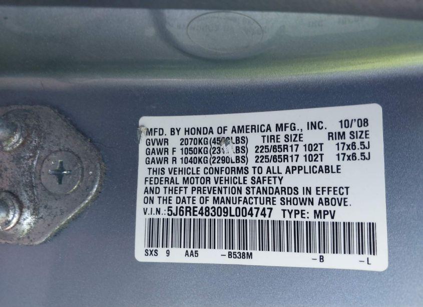 Photo 9 of 2009 Honda Cr-v LX (VIN 5J6RE48309L004747)
